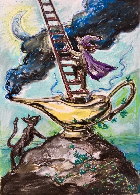 Zauberer klettert mit einer Leiter aus einer Wunderlampe aus der schwarzer Rauch empor steigt. Eine Katze beobachtet ihn. Im Hintergrund ein strahlender Mond.