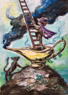 Zauberer klettert mit einer Leiter aus einer Wunderlampe aus der schwarzer Rauch empor steigt. Eine Katze beobachtet ihn. Im Hintergrund ein strahlender Mond.